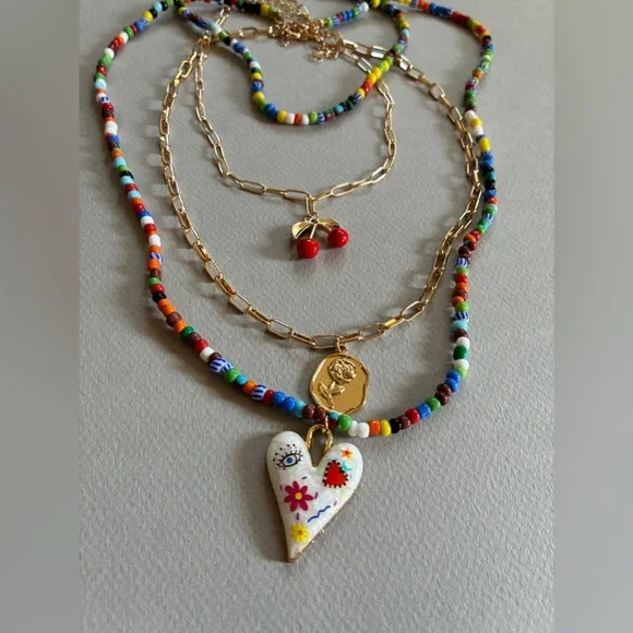 Colorful Beaded Heart Necklace Set M558 - Picture 4 of 5